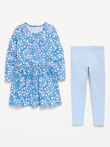 طقم فستان ولباس داخلي بأكمام طويلة مطبوع عليه Old Navy للفتيات الصغيرات - زهور زرقاء in Kuwait