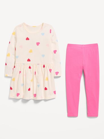 طقم فستان وبنطلون ضيق بأكمام طويلة مطبوع عليه Old Navy للفتيات الصغيرات - كريمي متعدد القلوب in Kuwait