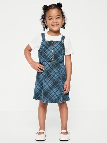 طقم فستان وتي شيرت من قماش الدنيم منقوش بدون أكمام للفتيات الصغيرات من Old Navy - أزرق منقوش in Kuwait