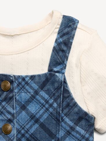 طقم فستان وتي شيرت من قماش الدنيم منقوش بدون أكمام للفتيات الصغيرات من Old Navy - أزرق منقوش in Kuwait