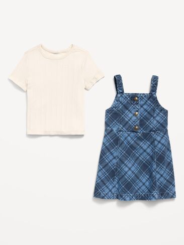 طقم فستان وتي شيرت من قماش الدنيم منقوش بدون أكمام للفتيات الصغيرات من Old Navy - أزرق منقوش in Kuwait