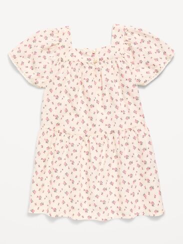 فستان بأكمام قصيرة مطبوع عليه Old Navy للفتيات الصغيرات - زهور بيضاء اللون in Kuwait