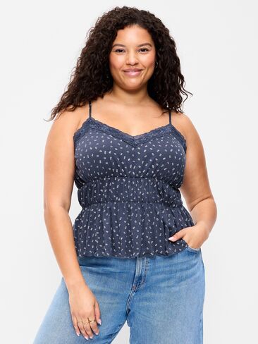 بلوزة بدون أكمام بخصر مدخن وأطراف دانتيل من Old Navy - زهور زرقاء in Kuwait