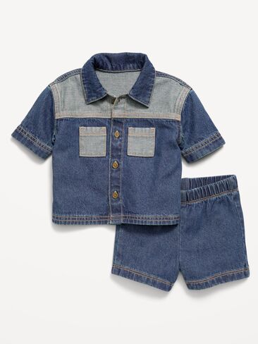 Old Navy Short-Sleeve Denim Shirt and Shorts Set for Baby - Dark Wash in Kuwait