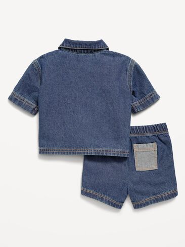 Old Navy Short-Sleeve Denim Shirt and Shorts Set for Baby - Dark Wash in Kuwait