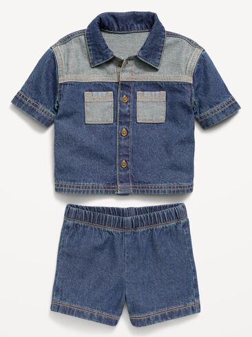 Old Navy Short-Sleeve Denim Shirt and Shorts Set for Baby - Dark Wash in Kuwait