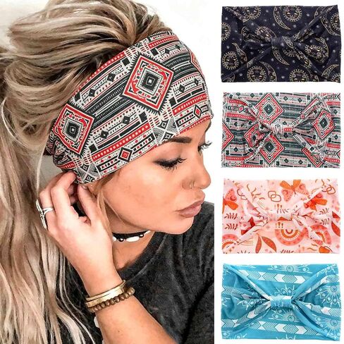 Acenail Wide Headbands Women Boho Turban Knotted Headband Floral Elastic Non Slip Hairband Workout Yoga Head Scarfs Bohemian Headwraps Fashion Hair Accessories for Women 4Pcs (Floral) in Saudi Arabia