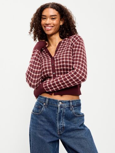 سترة صوفية قطنية SoSoft من Old Navy ذات رقبة دائرية - أحمر منقوش in Kuwait
