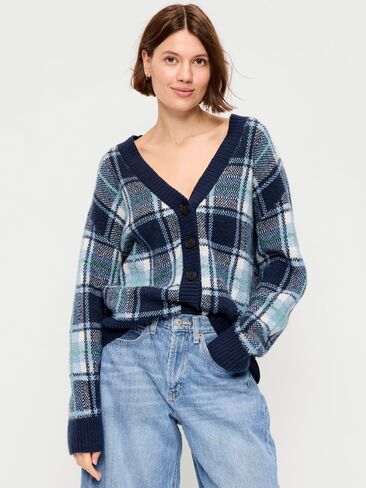 Old Navy SoSoft V-Neck Cardigan Sweater - Blue Plaid in Kuwait