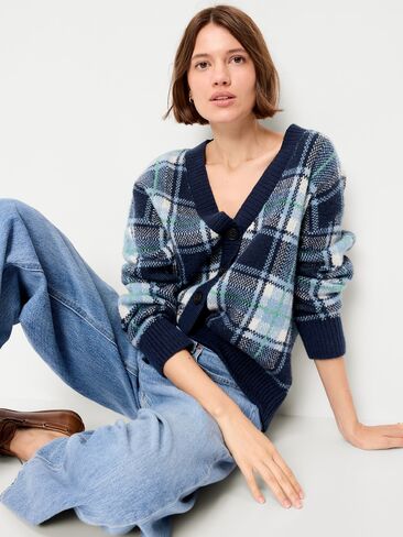 Old Navy SoSoft V-Neck Cardigan Sweater - Blue Plaid in Kuwait