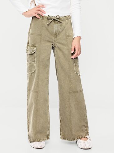 Old Navy Pull-On Low-Rise Super Baggy Wide-Leg Cargo Jeans for Girls - Olive in Kuwait
