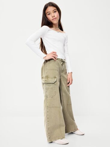 Old Navy Pull-On Low-Rise Super Baggy Wide-Leg Cargo Jeans for Girls - Olive in Kuwait