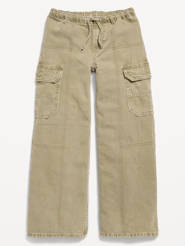 Old Navy Pull-On Low-Rise Super Baggy Wide-Leg Cargo Jeans for Girls - Olive in Kuwait
