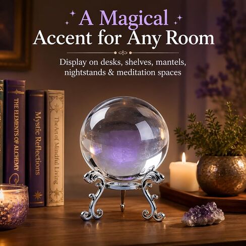 Sparkling Clear K9 Crystal Sphere Ball with Stand, 80mm Clear Reflective Photography Prop, Sparkling Handcrafted Crystal Ball for Magical Shots, Elegant Home Decor Gift for Women(3.15 Inch) in Saudi Arabia