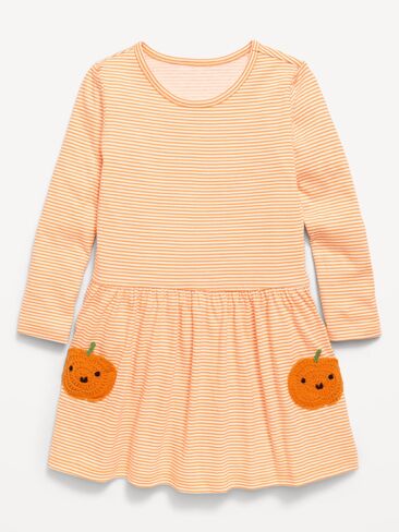 Old Navy Printed Long-Sleeve Drop-Waist Dress for Toddler Girls - Small Orange Stripe in Kuwait