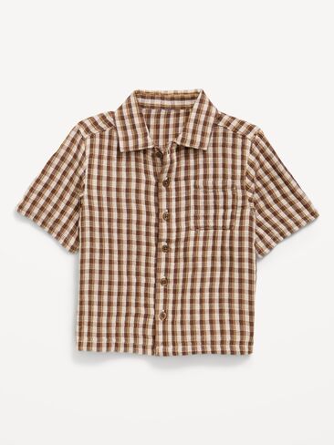 Old Navy Short-Sleeve Double-Weave Cotton Shirt for Toddler Boys - Small Brown Plaid in Kuwait
