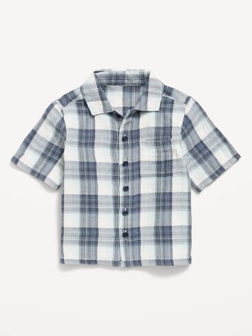قميص قطني مزدوج النسيج بأكمام قصيرة من Old Navy للأولاد الصغار - أزرق منقوش in Kuwait