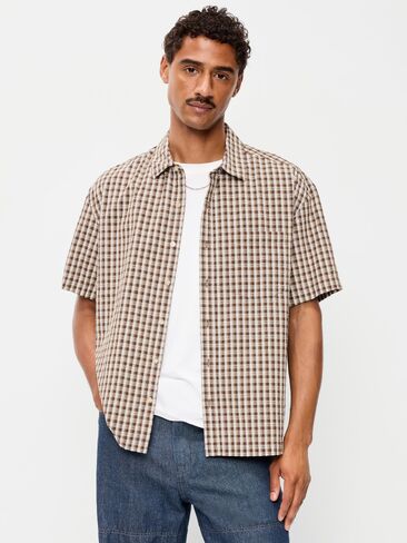 Old Navy Loose Fit Textured Plaid Pocket Shirt - Dark Walnut Plaid in Kuwait