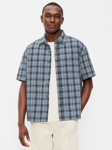 Old Navy Loose Fit Textured Plaid Pocket Shirt - Dusk Navy Plaid in Kuwait