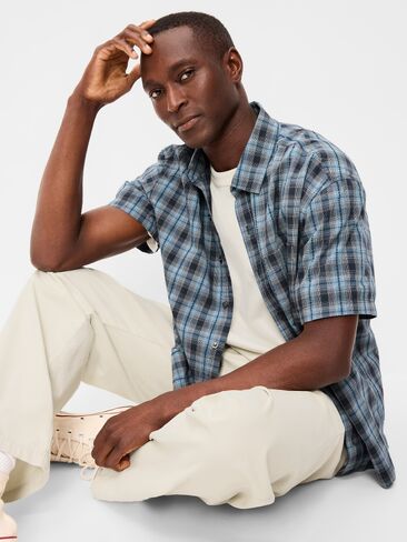 Old Navy Loose Fit Textured Plaid Pocket Shirt - Dusk Navy Plaid in Kuwait