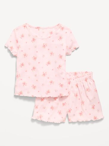 Old Navy Ribbed Lettuce-Edge Pajama Top and Shorts Set for Girls - Pink Floral in Kuwait