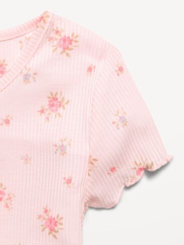 Old Navy Ribbed Lettuce-Edge Pajama Top and Shorts Set for Girls - Pink Floral in Kuwait