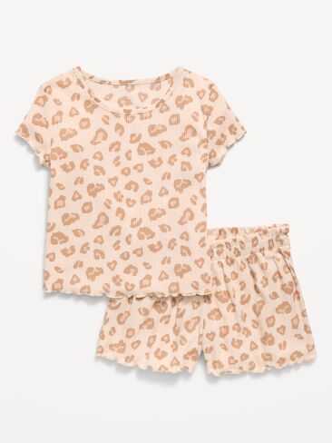 Old Navy Ribbed Lettuce-Edge Pajama Top and Shorts Set for Girls - Brown Animal in Kuwait