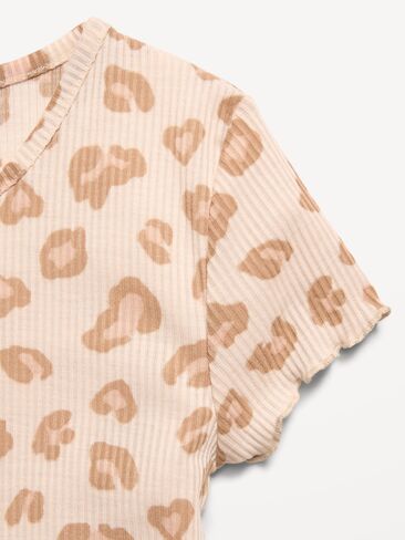 Old Navy Ribbed Lettuce-Edge Pajama Top and Shorts Set for Girls - Brown Animal in Kuwait
