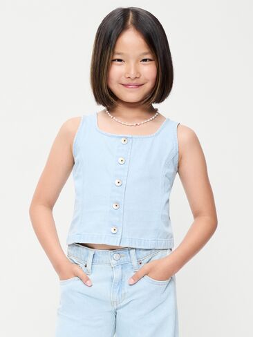 تيشيرت جينز بدون أكمام بأزرار امامية للبنات من Old Navy - غسيل فاتح in Kuwait