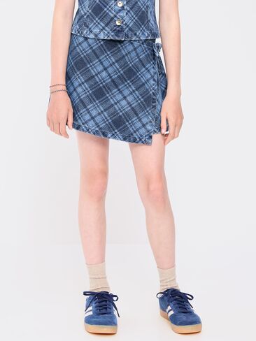 Old Navy Wrap-Front Plaid Denim Skort for Girls - Medium Blue Plaid in Kuwait