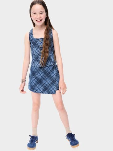 Old Navy Wrap-Front Plaid Denim Skort for Girls - Medium Blue Plaid in Kuwait