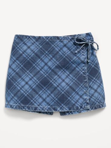 Old Navy Wrap-Front Plaid Denim Skort for Girls - Medium Blue Plaid in Kuwait