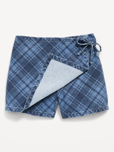 Old Navy Wrap-Front Plaid Denim Skort for Girls - Medium Blue Plaid in Kuwait
