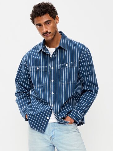 قميص عمل مخطط فضفاض من Old Navy - شريط سكة حديد أزرق in Kuwait