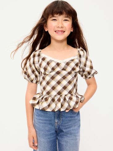 Old Navy Fitted Short Puff-Sleeve Crinkled Plaid Top for Girls - Brown Plaid in Kuwait