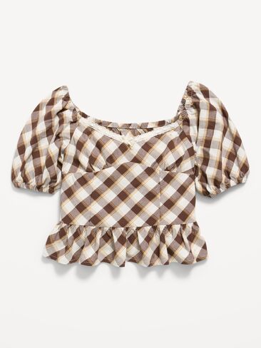 Old Navy Fitted Short Puff-Sleeve Crinkled Plaid Top for Girls - Brown Plaid in Kuwait