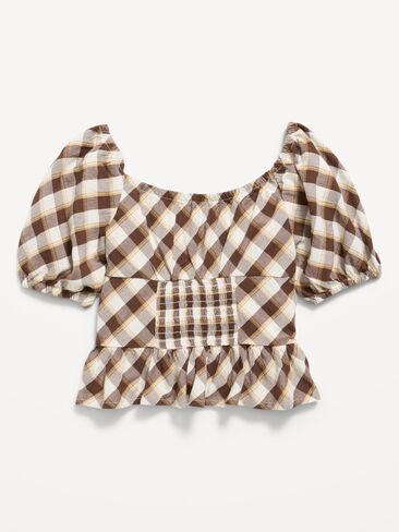 Old Navy Fitted Short Puff-Sleeve Crinkled Plaid Top for Girls - Brown Plaid in Kuwait