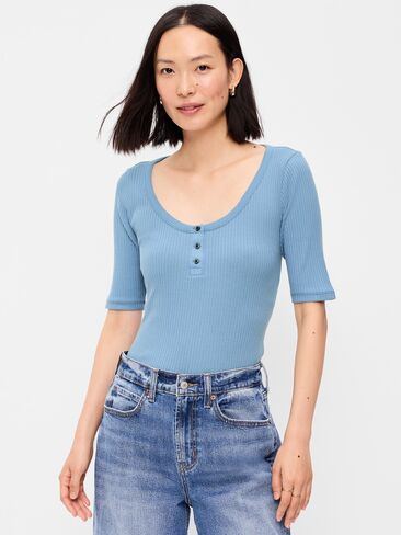 بلوزة Henley ذات رقبة واسعة من Old Navy - أزرق طبيعي in Kuwait