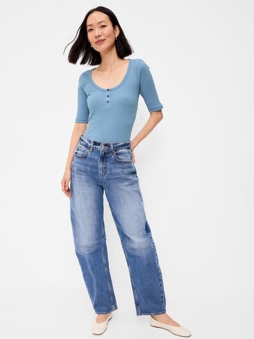 بلوزة Henley ذات رقبة واسعة من Old Navy - أزرق طبيعي in Kuwait