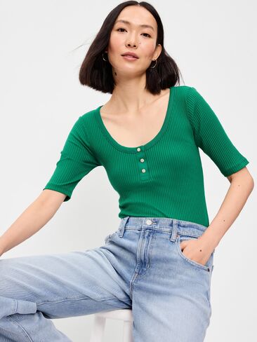 Old Navy Scoop-Neck Fitted Henley Top - Rainforest Jewel in Kuwait