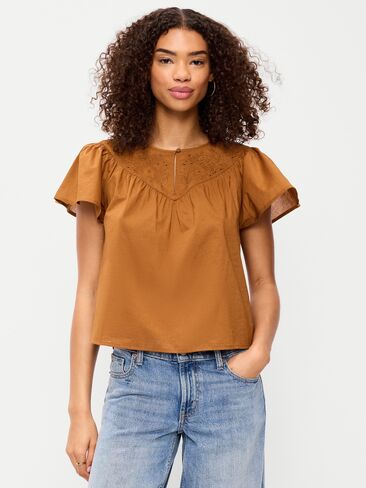 بلوزة Trosseau مطرزة بأكمام قصيرة من Old Navy - Redwood Burl in Kuwait