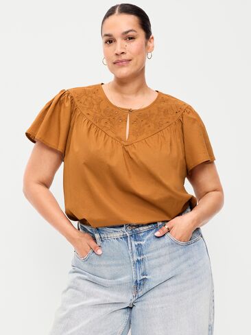 بلوزة Trosseau مطرزة بأكمام قصيرة من Old Navy - Redwood Burl in Kuwait