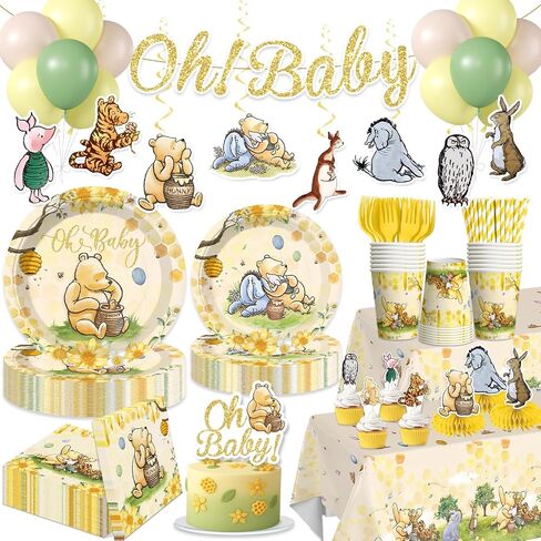 Xynic 201pcs Bear Baby Shower Decorations, Complete Disposable Tableware Set Includes 300gsm Plates Cupcake Toppers and 2 Plastic Tablecloths for Baby Shower and Party, Serves 25 in Saudi Arabia