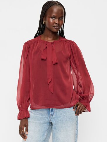 Old Navy بلوزة شيفون بأكمام طويلة وربطة أمامية - Emberglow in Kuwait