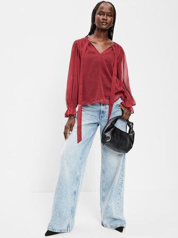 Old Navy بلوزة شيفون بأكمام طويلة وربطة أمامية - Emberglow in Kuwait