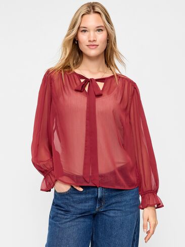 Old Navy بلوزة شيفون بأكمام طويلة وربطة أمامية - Emberglow in Kuwait