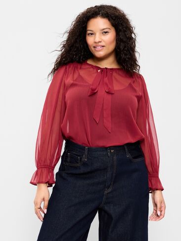 Old Navy بلوزة شيفون بأكمام طويلة وربطة أمامية - Emberglow in Kuwait