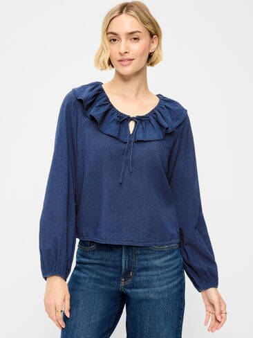 Old Navy Long-Sleeve Ruffle Tie-Neck Top - Medium Wash in Kuwait