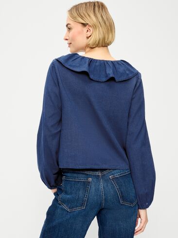 Old Navy Long-Sleeve Ruffle Tie-Neck Top - Medium Wash in Kuwait