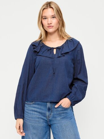 Old Navy Long-Sleeve Ruffle Tie-Neck Top - Medium Wash in Kuwait